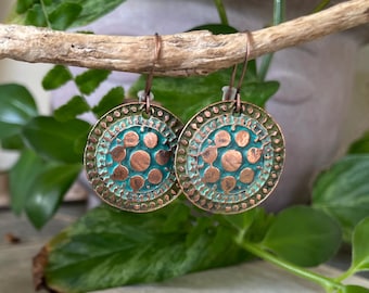 Hand Painted Patina Copper Earrings: Boho Spanish Coin Style