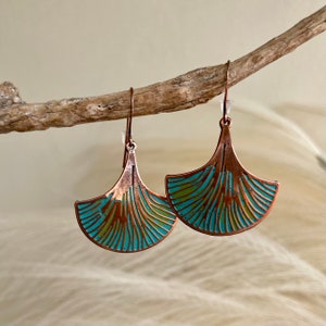 Hand Painted COPPER Ginko Leaf Dangle Earrings for Women, Rustic Patina Copper Earrings, Symbol of Hope, Gift for Her, Pure Boho Style image 8