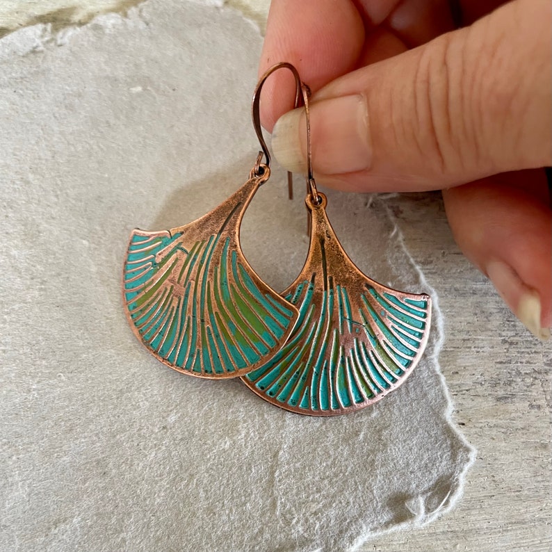 Hand Painted COPPER Ginko Leaf Dangle Earrings for Women, Rustic Patina Copper Earrings, Symbol of Hope, Gift for Her, Pure Boho Style image 5