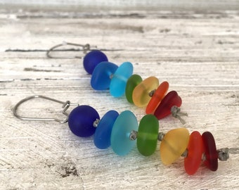 Rainbow Sea Glass Earrings, Chakra Colors , PRIDE Earrings, Boho Sea Glass Earrings, Handmade in the Caribbean, Cheer Up Gift for Women