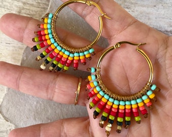 BEADED Gold Hoop Earrings for Women, Handwoven Boho Seed Bead Fringe Hoops, Colorful Island Soul Hoop Earrings, Gift for Women and Girls