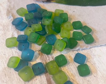 Square Sea Glass Beads: Forest Mix, Tiny Drilled Square Pebbles for Jewelry