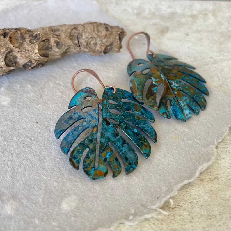 Aged Patina COPPER Monstera Leaf Dangle Earrings for Women, Rustic Patina Copper Earrings, Nature Inspired Gift for Her, Pure Boho Style image 6