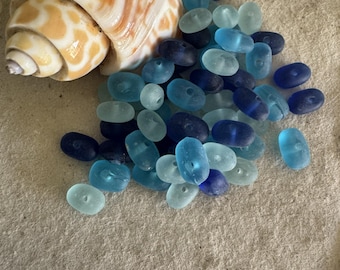 Small Sea Glass Beads: Blue Ocean Mix, Center Drilled (48pc, 4-10mm )