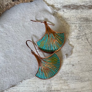 Hand Painted COPPER Ginko Leaf Dangle Earrings for Women, Rustic Patina Copper Earrings, Symbol of Hope, Gift for Her, Pure Boho Style image 3