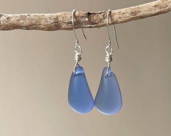 Sapphire Blue Sea Glass Earrings: Sterling Silver Beach Jewelry