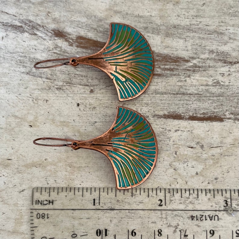 Hand Painted COPPER Ginko Leaf Dangle Earrings for Women, Rustic Patina Copper Earrings, Symbol of Hope, Gift for Her, Pure Boho Style image 4