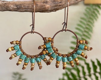 Turquoise Beaded Copper Hoop Earrings, Handmade Woven Blue Bugle Bead Earrings, Rustic Boho Style, Gift for Women and Girls