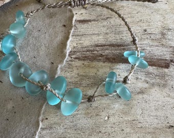 Aqua Blue SEA GLASS Pebble Bracelet/Anklet on Hand Spun Rope, Waterproof, Metal Free, Island Style, Handmade in the Caribbean, Women&#39;s Gift