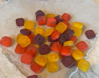 Square Sea Glass Beads: Fall Colors Mix, Tiny Drilled Square Pebbles for Jewelry