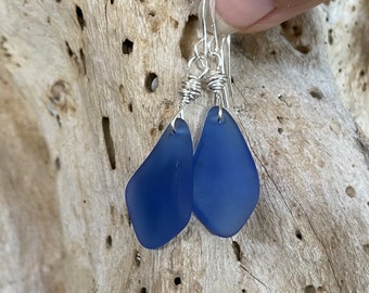 Sapphire Blue SEA GLASS Earrings with Sterling Silver Hooks, Beachy Mermaid Ocean Jewelry, Perfect Gift for Women, Handmade by Beach Soul