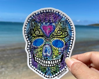 Caribbean Catrina Vinyl Art Sticker, Sugar Skull Doodle, Waterproof, Weatherproof, Perfect for Car/Water Bottles/Laptops/Etc.