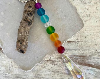 Rainbow Sea Glass Car Charm: Crystal Suncatcher, Beachy Boho Decor