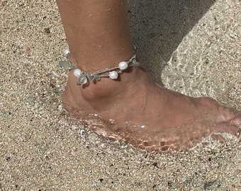The Original Freestyle Freshwater Pearl and Sea Glass Wrap Bracelet or Anklet, Metal Free and Waterproof Handmade Gift for Women