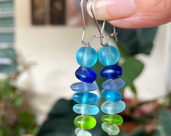 Sea Glass Cairn Earrings: Beachy Boho Blues & Greens