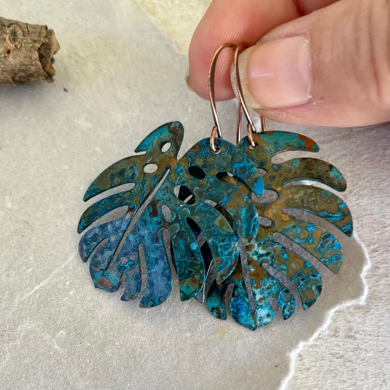 Aged Patina COPPER Monstera Leaf Dangle Earrings for Women, Rustic Patina Copper Earrings, Nature Inspired Gift for Her, Pure Boho Style image 5