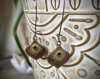 Hand Painted Patina Copper Earrings: Boho Third Eye Dangle
