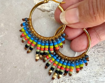 BEADED Gold Hoop Earrings for Women, Handwoven Boho Seed Bead Fringe Hoops, Colorful Caribe Soul Hoop Earrings, Gift for Women and Girls