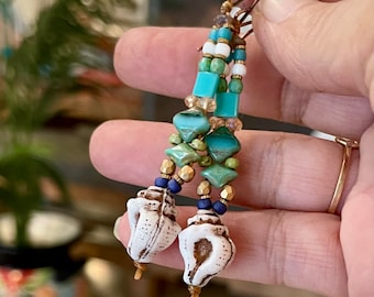 Beaded Shell Totem Earrings: Boho Ocean Style, Handmade in USA
