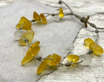 Golden Yellow Sea Glass Pebble Bracelet or Anklet, Waterproof and Metal Free Boho Beach Jewelry, Summer Ready, Handmade in the Caribbean