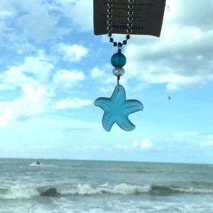Blue SEA GLASS Starfish Rear View Mirror Car Charm, Starfish Ornament, Sea Glass Charm Sun Catcher, Hanging Decor, New Car and Beach Gift