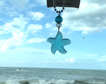 Blue SEA GLASS Starfish Rear View Mirror Car Charm, Starfish Ornament, Sea Glass Charm Sun Catcher, Hanging Decor, New Car and Beach Gift