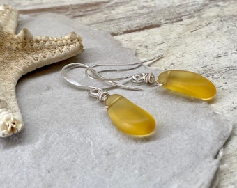 Golden Sun Yellow Sea Glass Earrings with Sterling Silver Hooks, Dainty Ocean Jewelry, Perfect Gift for Women, Handmade by Beach Soul
