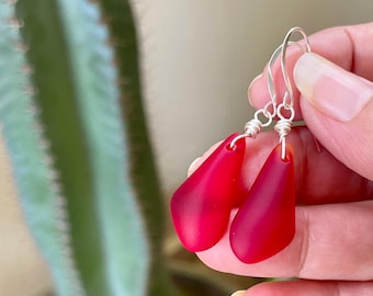 Red Sea Glass Earrings, Sterling Silver, Beachy Jewelry