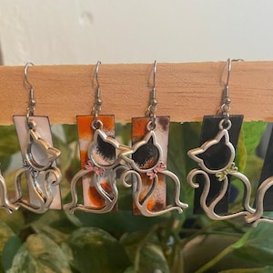 Custom Cat Earrings | Torch-Fired Enamel Fur Pattern, Bow Tie Color