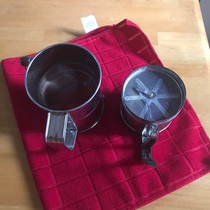 Foley&#39;s and Brommel&#39;s  Sifters, Working Vintage baking sifters, Great combo for the price of one. Rustic Decor or great for holiday baking!