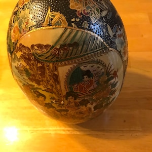 Chinese Beaded Porcelain 8&quot;  EGG FIGURINE,Vintage Porcelain Egg, Asian Themed Porcelain Moriage Jar, Late Century Chinese Jar.