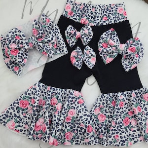 Roses and Leopard Print Bell Bottoms; leopard bows
