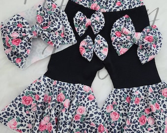Roses and Leopard Print Bell Bottoms; leopard bows