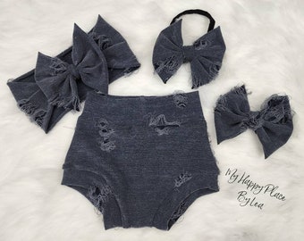 Distressed Look Blue Bummies, Bell Bottoms, Headwraps, Bows, and Piggies