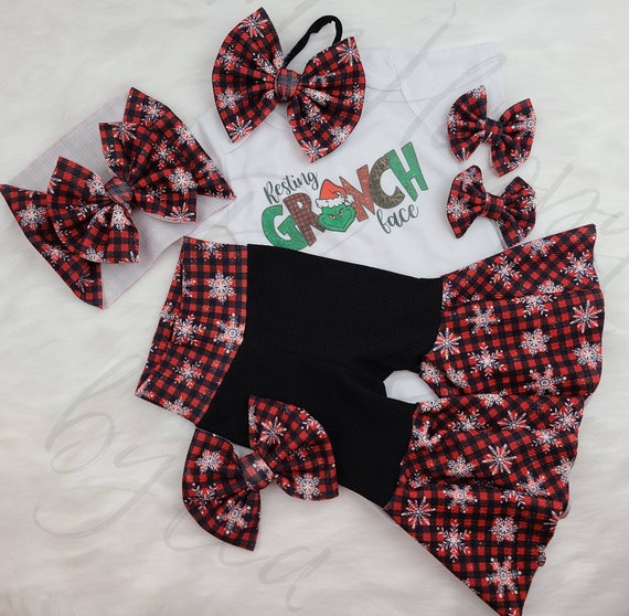 Snowflakes & Buffalo Plaid Pants, Bell Bottoms, Bummies, Grinch Onesie, Headwraps, Bows, and Piggies