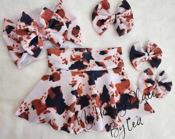 Cow Print Skirted Bummies: Baby Bell Bottoms, Bows & Headwrap