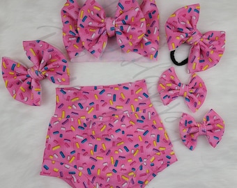 Sweet Sprinkles Pants, Bell Bottoms, Bummies, Onesie, Headwraps, Bows, and Piggies