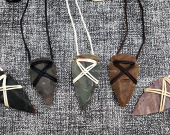 Set of 5 Stone Arrowhead Necklace Pendant, Hand Crafted Agate Stone Healing Necklace for Women, Mother's Day Gift (Free Velvet Pouch)