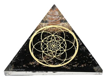 Pyramide d'orgonite en cristal de guérison de shungite, avec pyramide de protection du symbole de la graine de vie pour la décoration intérieure, cadeau pour elle (pochette en velours gratuite)