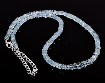 925 Sterling Silver Necklace March Birthstone Gift for her AAA Natural Aquamarine Rondelle Faceted Necklace Meditation Necklace