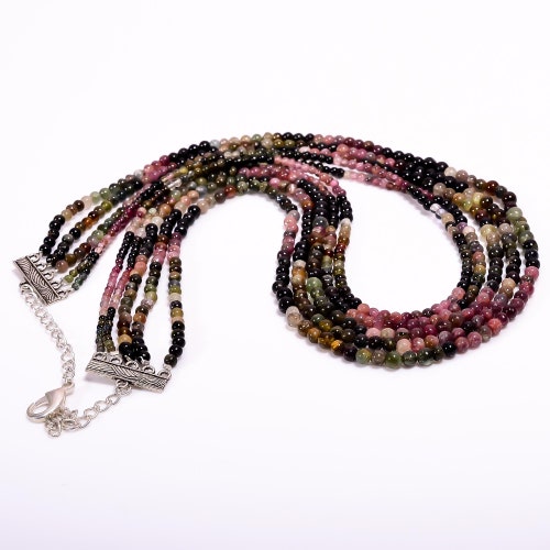 Collier tourmaline pastèque 5 couches | Collier de méditation | Collier en argent sterling poli avec pierre de naissance d'octobre | Cadeau pour elle