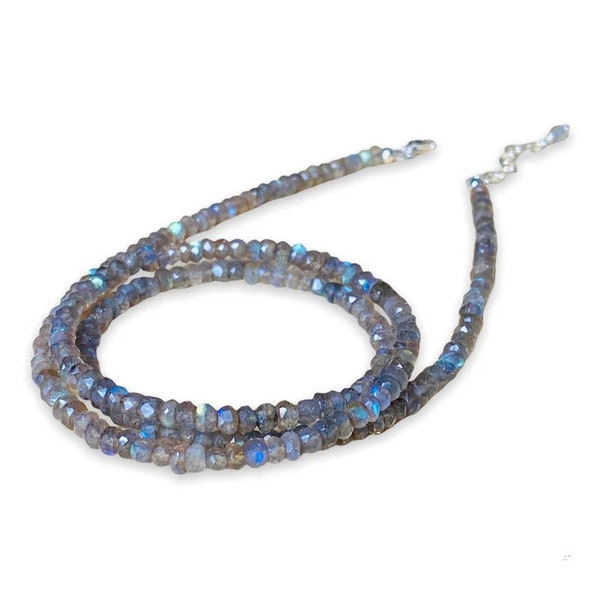 Fantastic Blue Flashy Labradorite Necklace, Rondelle Faceted Gemstone Necklace, 18+2 Inches Sterling Silver Necklace, Wedding Gift