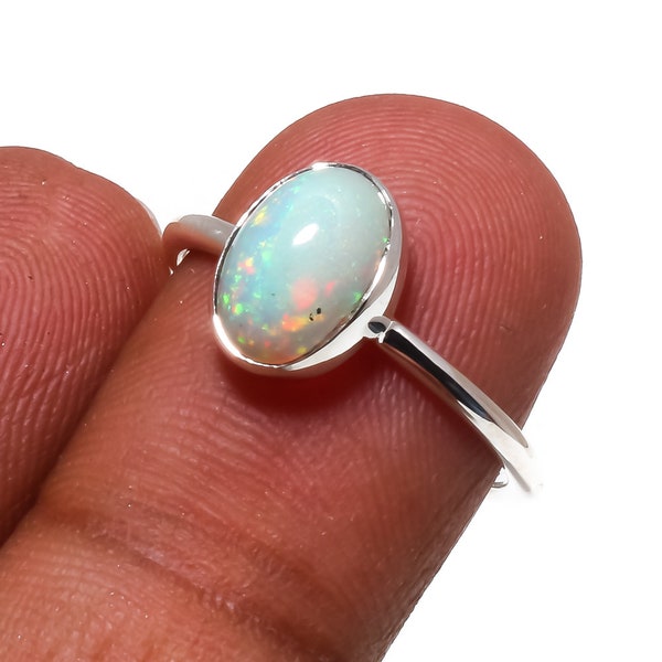 Handmade Ethiopian Opal Ring, Boho Style Silver Band, Multi-Color Opal Stone, Artisan Jewelry, October Birthstone Piece