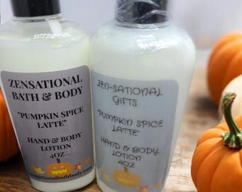 May include: Two white plastic bottles of hand and body lotion with labels that say "Zensational Bath & Body" and "Pumpkin Spice Latte" with a pumpkin design. The bottles are 4 oz.