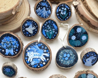 Original Handmade Mini Woodslice Painted Pins/Brooches and Hanging Ornaments | Dreamy Blue Set