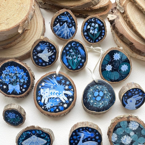 Original Handmade Mini Woodslice Painted Pins/Brooches and Hanging Ornaments | Dreamy Blue Set