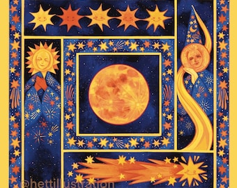 May include: A square illustration with a yellow border features celestial elements. A large orange moon is centered, surrounded by blue panels with stars and sun-like figures. The top border has smiling suns. The bottom has a comet. Text reads "hettillustration".