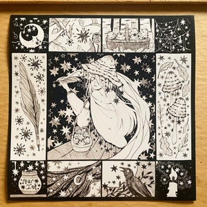 Starry Inkcap Witch Square Art Print | Witchy Black and White Illustration Print