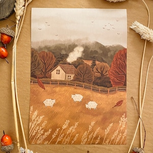 Herbst am Sheep Lane A5 Druck | Gemütliche Herbst Cottagecore Landschaft Illustration