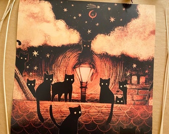 Spooky Black Cat Rooftop Print | Halloween Illustration